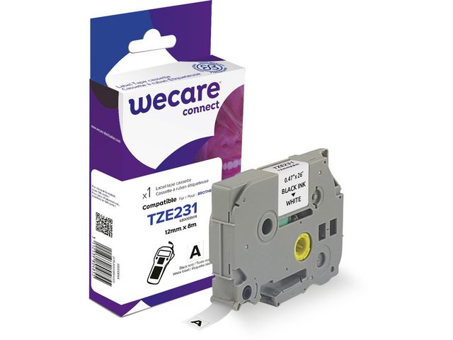 Tape WECARE 12mm TZe-231 Svart på Vit - Primmeshiper